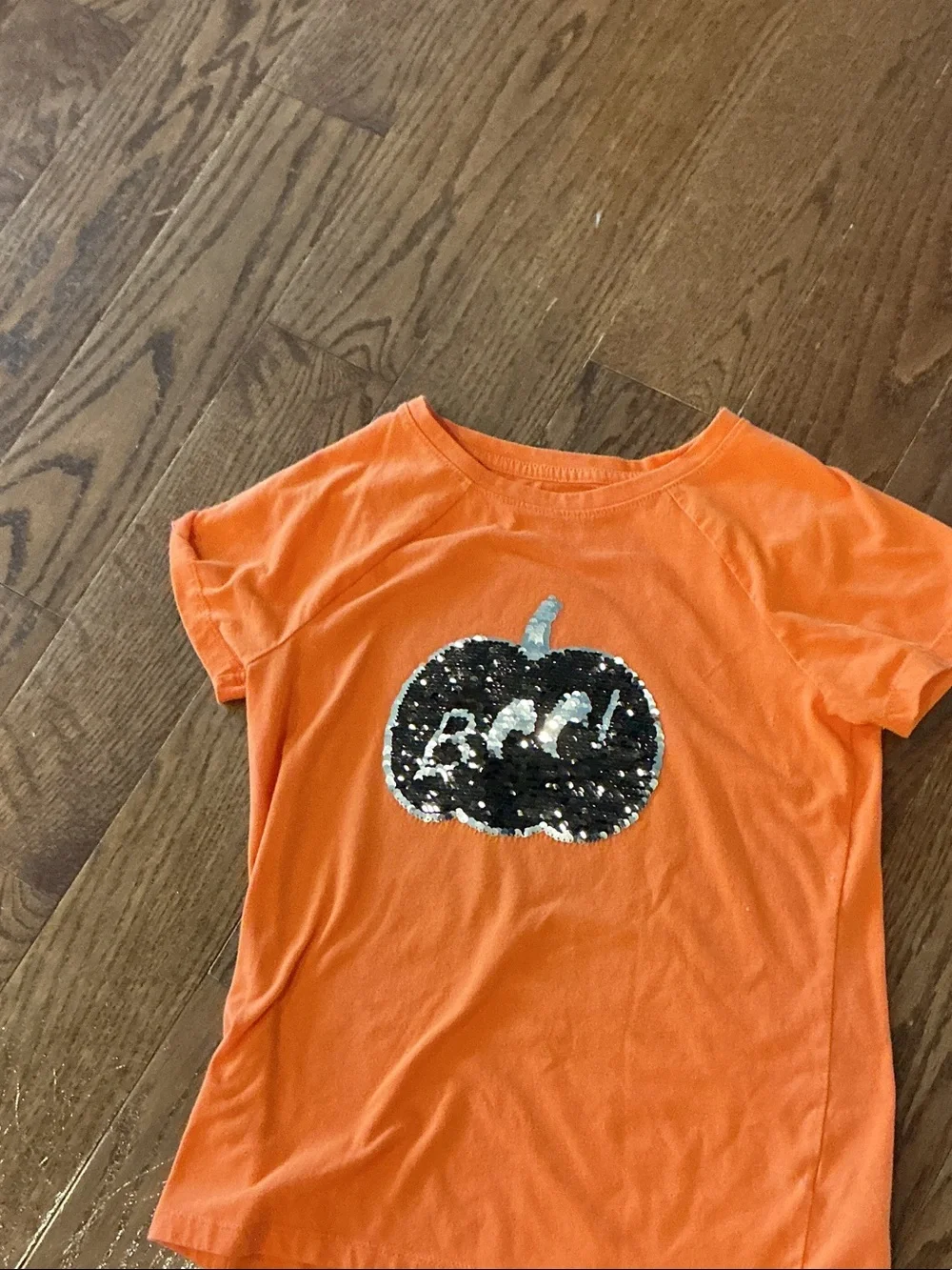 Cat & Jack Orange Pumpkin Applique Tee with Green Detail sequined